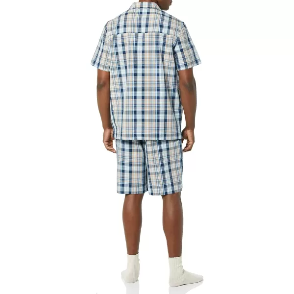 Amazon Essentials Mens Lightweight Woven Notch Collar Short Pajama SetTaupeNavy Madras