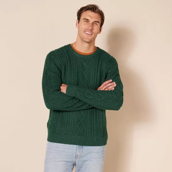 Amazon Essentials Mens LongSleeve 100 Cotton Fisherman Cable Crewneck SweaterDark Green