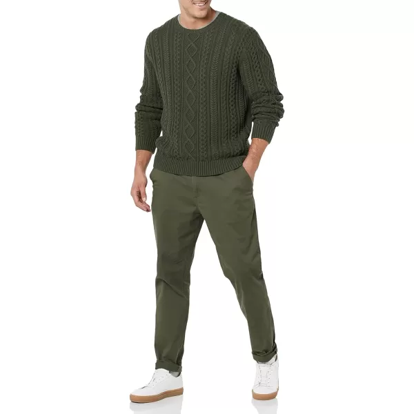 Amazon Essentials Mens LongSleeve 100 Cotton Fisherman Cable Crewneck SweaterDark Olive