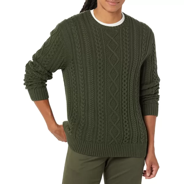 Amazon Essentials Mens LongSleeve 100 Cotton Fisherman Cable Crewneck SweaterDark Olive