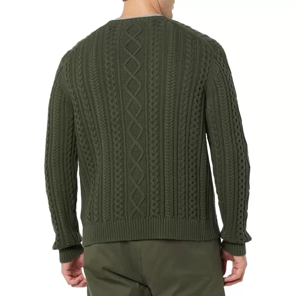 Amazon Essentials Mens LongSleeve 100 Cotton Fisherman Cable Crewneck SweaterDark Olive