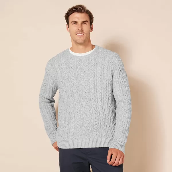 Amazon Essentials Mens LongSleeve 100 Cotton Fisherman Cable Crewneck SweaterLight Grey