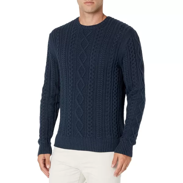 Amazon Essentials Mens LongSleeve 100 Cotton Fisherman Cable Crewneck SweaterNavy