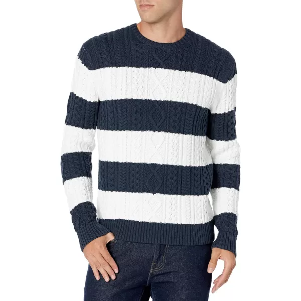 Amazon Essentials Mens LongSleeve 100 Cotton Fisherman Cable Crewneck SweaterNavyWhite Stripe