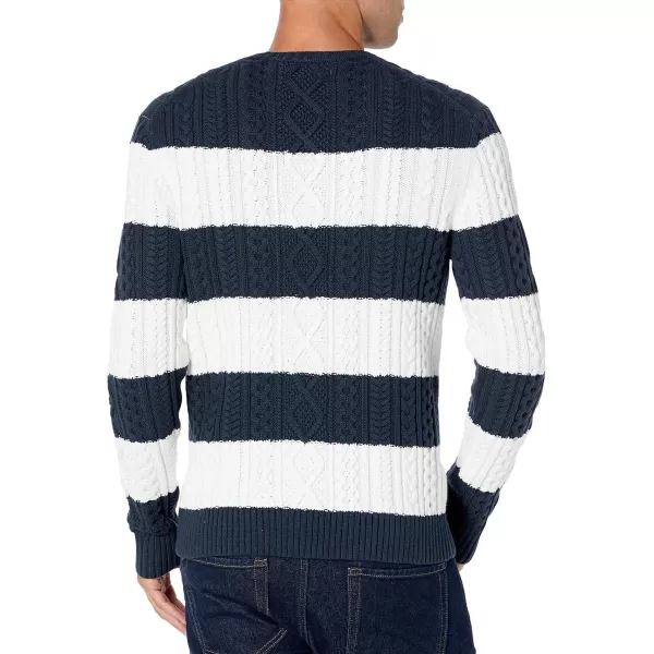 Amazon Essentials Mens LongSleeve 100 Cotton Fisherman Cable Crewneck SweaterNavyWhite Stripe