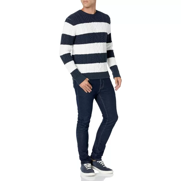 Amazon Essentials Mens LongSleeve 100 Cotton Fisherman Cable Crewneck SweaterNavyWhite Stripe