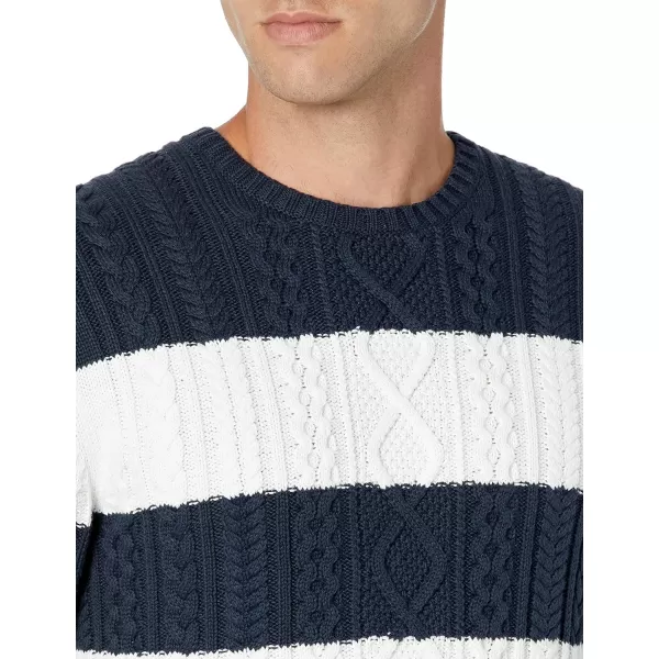 Amazon Essentials Mens LongSleeve 100 Cotton Fisherman Cable Crewneck SweaterNavyWhite Stripe