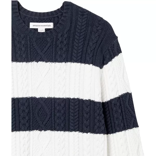 Amazon Essentials Mens LongSleeve 100 Cotton Fisherman Cable Crewneck SweaterNavyWhite Stripe