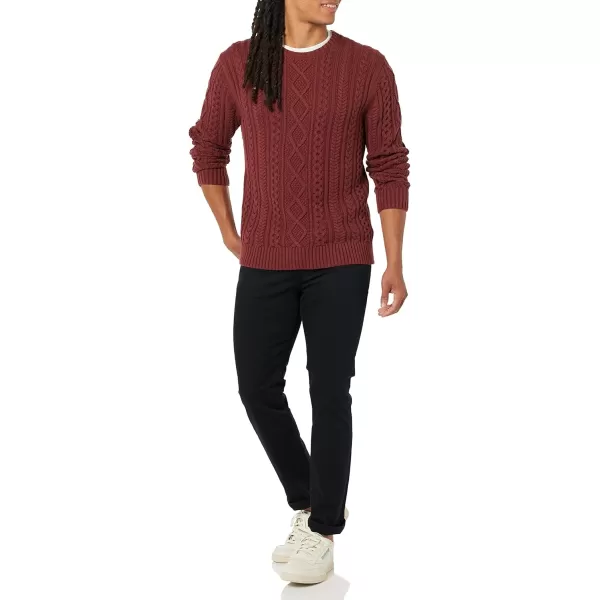 Amazon Essentials Mens LongSleeve 100 Cotton Fisherman Cable Crewneck SweaterOxblood