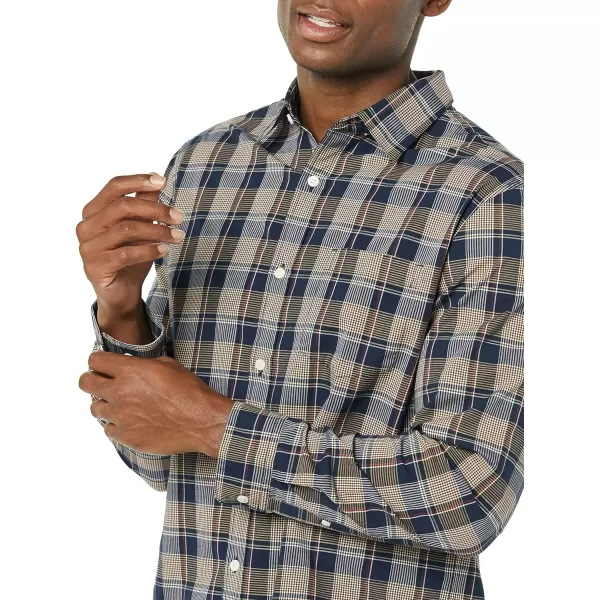 Amazon Essentials Mens LongSleeve Regularfit Stretch Poplin ShirtGoldNavy Checked