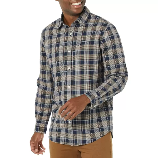 Amazon Essentials Mens LongSleeve Regularfit Stretch Poplin ShirtGoldNavy Checked