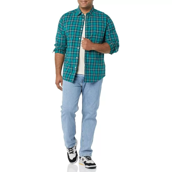 Amazon Essentials Mens LongSleeve Regularfit Stretch Poplin ShirtGreenGold Checked