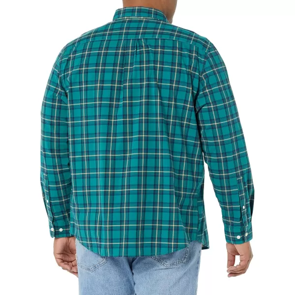 Amazon Essentials Mens LongSleeve Regularfit Stretch Poplin ShirtGreenGold Checked