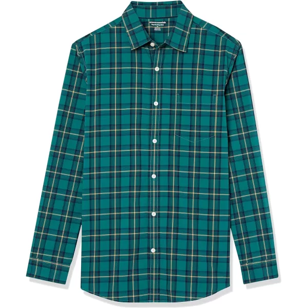 Amazon Essentials Mens LongSleeve Regularfit Stretch Poplin ShirtGreenGold Checked