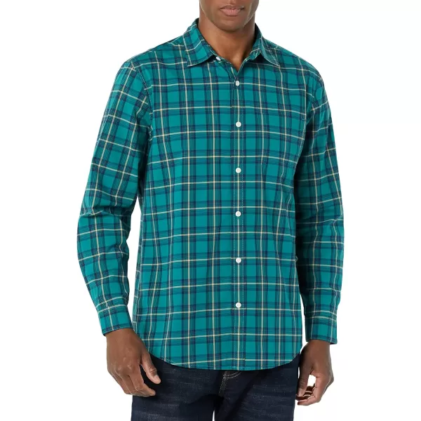 Amazon Essentials Mens LongSleeve Regularfit Stretch Poplin ShirtGreenGold Checked