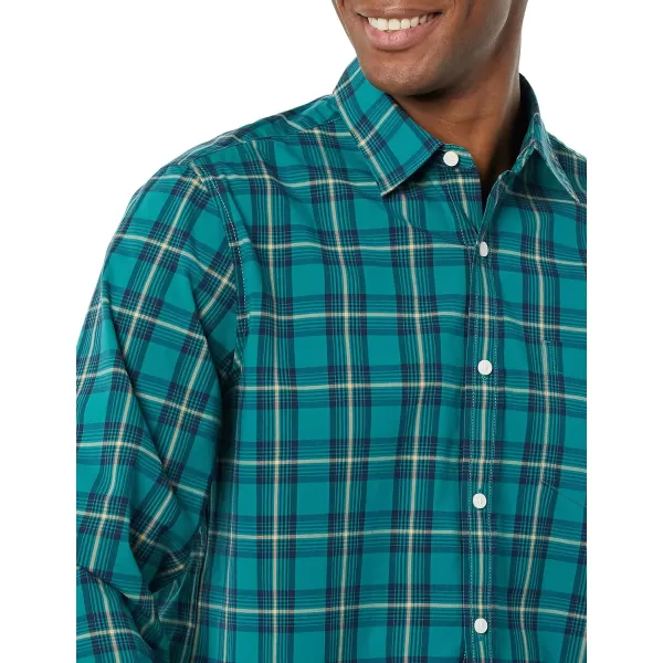 Amazon Essentials Mens LongSleeve Regularfit Stretch Poplin ShirtGreenGold Checked