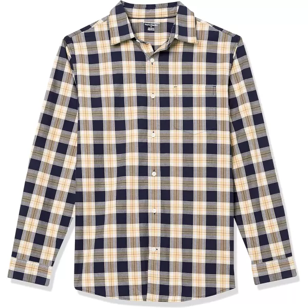 Amazon Essentials Mens LongSleeve Regularfit Stretch Poplin ShirtNavyGold Plaid