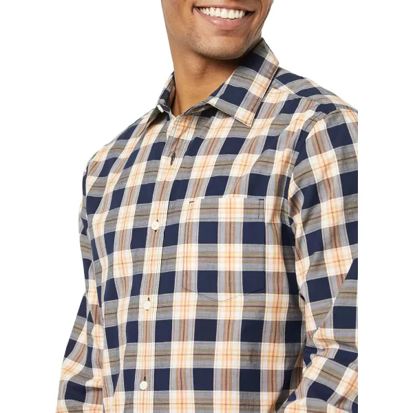 Amazon Essentials Mens LongSleeve Regularfit Stretch Poplin ShirtNavyGold Plaid