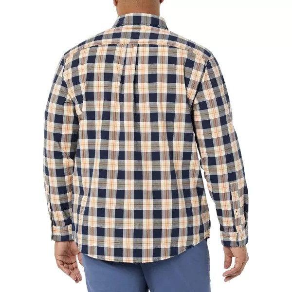 Amazon Essentials Mens LongSleeve Regularfit Stretch Poplin ShirtNavyGold Plaid