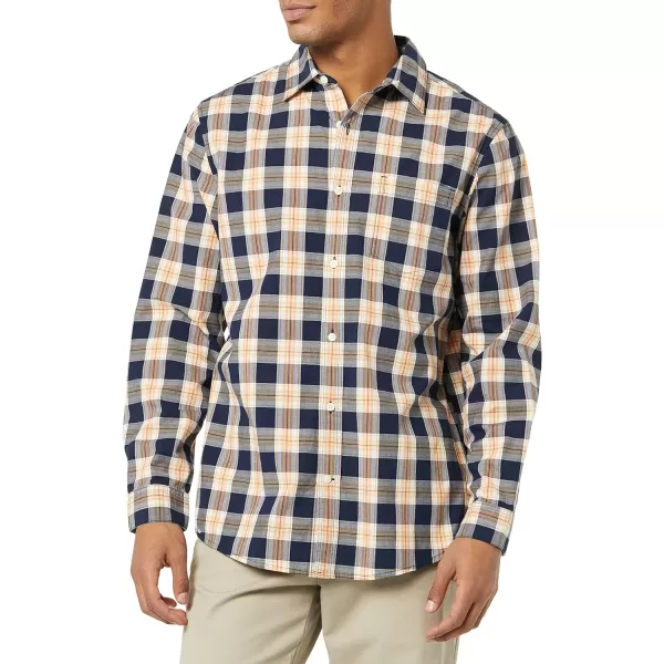 Amazon Essentials Mens LongSleeve Regularfit Stretch Poplin ShirtNavyGold Plaid