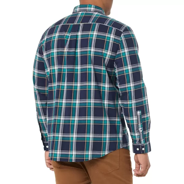 Amazon Essentials Mens LongSleeve Regularfit Stretch Poplin ShirtNavyGreen Plaid