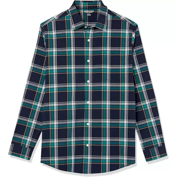 Amazon Essentials Mens LongSleeve Regularfit Stretch Poplin ShirtNavyGreen Plaid