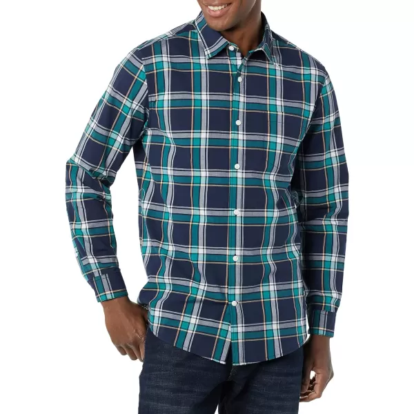 Amazon Essentials Mens LongSleeve Regularfit Stretch Poplin ShirtNavyGreen Plaid