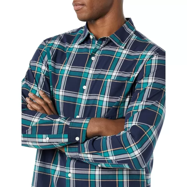 Amazon Essentials Mens LongSleeve Regularfit Stretch Poplin ShirtNavyGreen Plaid