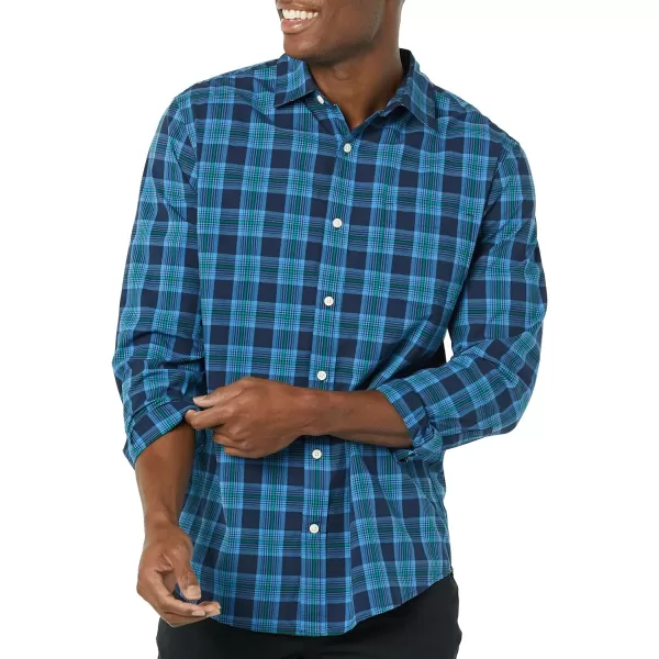 Amazon Essentials Mens LongSleeve Regularfit Stretch Poplin ShirtNavyIndigo Plaid