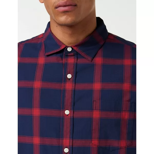 Amazon Essentials Mens LongSleeve Regularfit Stretch Poplin ShirtNavyRed Buffalo Plaid