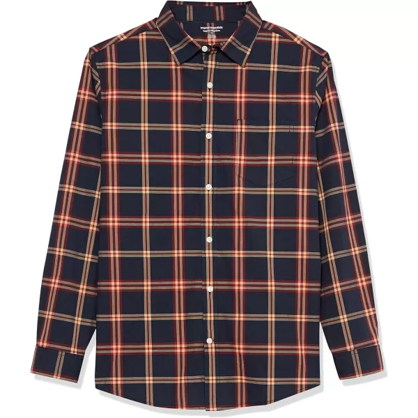 Amazon Essentials Mens LongSleeve Regularfit Stretch Poplin ShirtNavyRed Buffalo Plaid