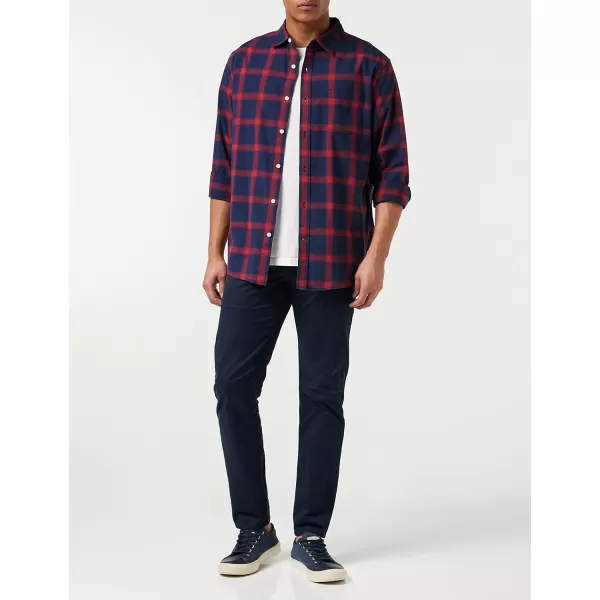 Amazon Essentials Mens LongSleeve Regularfit Stretch Poplin ShirtNavyRed Buffalo Plaid