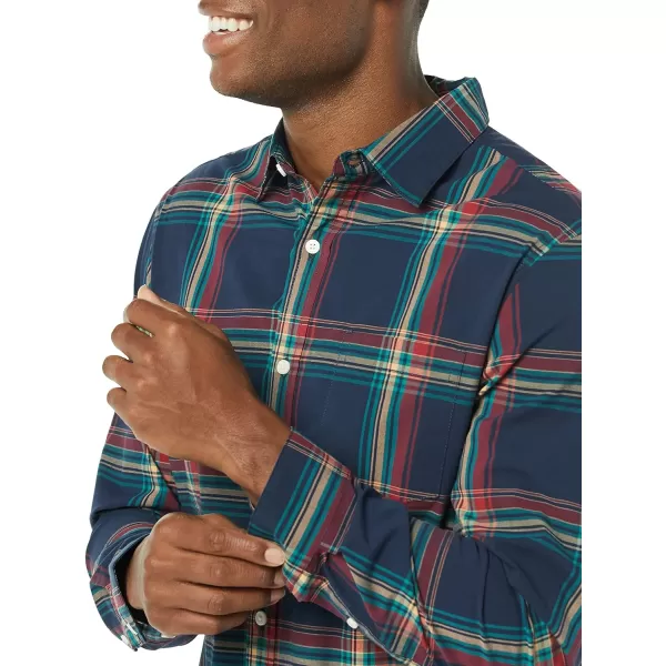 Amazon Essentials Mens LongSleeve Regularfit Stretch Poplin ShirtNavyRedTeal Blue Plaid