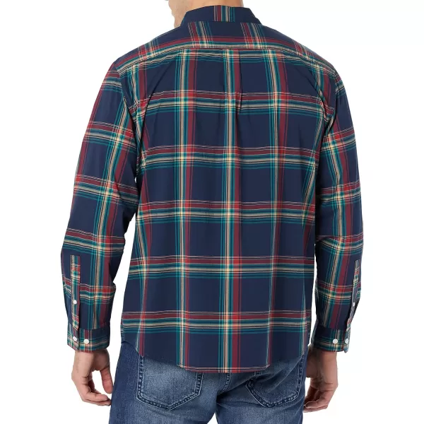 Amazon Essentials Mens LongSleeve Regularfit Stretch Poplin ShirtNavyRedTeal Blue Plaid