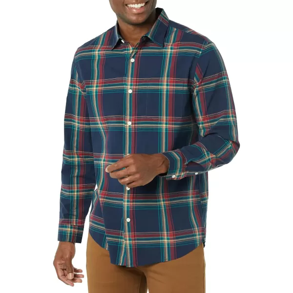 Amazon Essentials Mens LongSleeve Regularfit Stretch Poplin ShirtNavyRedTeal Blue Plaid