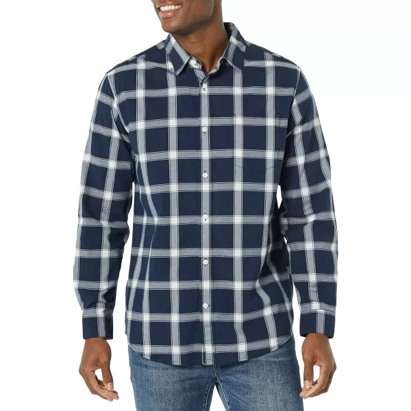 Amazon Essentials Mens LongSleeve Regularfit Stretch Poplin ShirtNavyWhite Buffalo Plaid