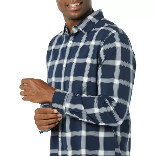 Amazon Essentials Mens LongSleeve Regularfit Stretch Poplin ShirtNavyWhite Buffalo Plaid