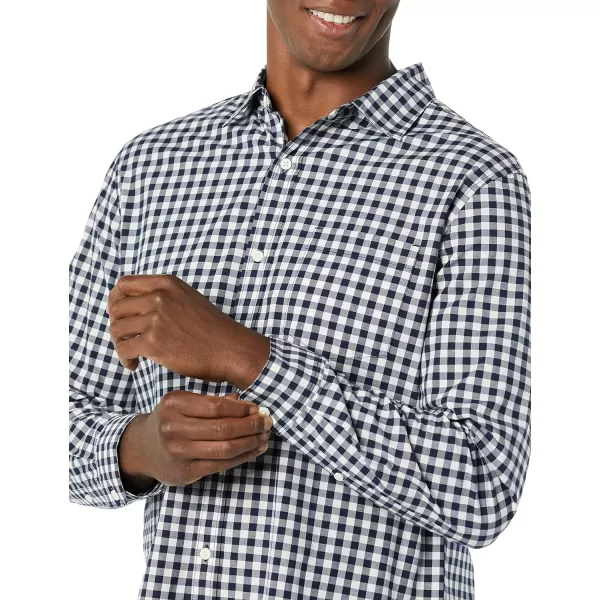 Amazon Essentials Mens LongSleeve Regularfit Stretch Poplin ShirtNavyWhite Gingham