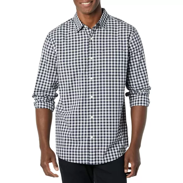 Amazon Essentials Mens LongSleeve Regularfit Stretch Poplin ShirtNavyWhite Gingham