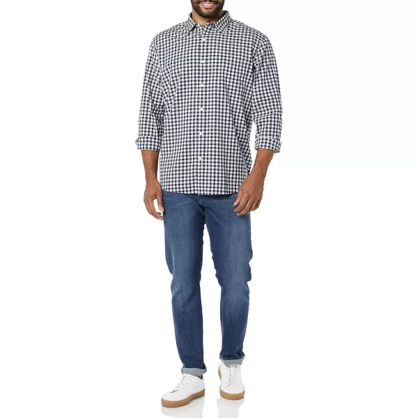 Amazon Essentials Mens LongSleeve Regularfit Stretch Poplin ShirtNavyWhite Gingham