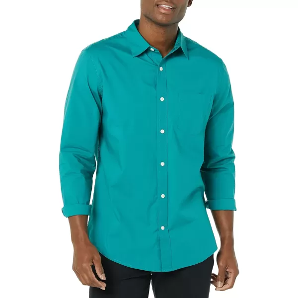 Amazon Essentials Mens LongSleeve Regularfit Stretch Poplin ShirtTeal Blue