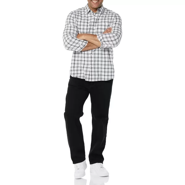 Amazon Essentials Mens LongSleeve Regularfit Stretch Poplin ShirtWhiteNavy Plaid