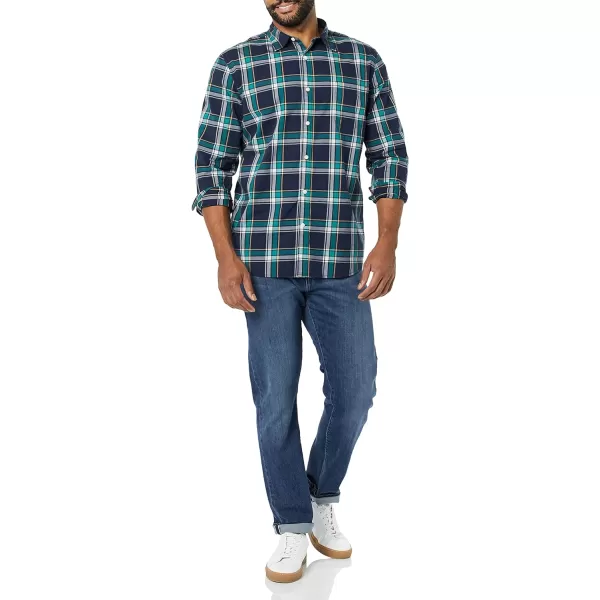 Amazon Essentials Mens LongSleeve SlimFit Stretch Poplin ShirtDark Green Navy Medium Plaid