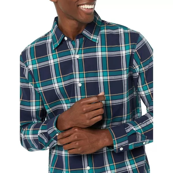 Amazon Essentials Mens LongSleeve SlimFit Stretch Poplin ShirtDark Green Navy Medium Plaid