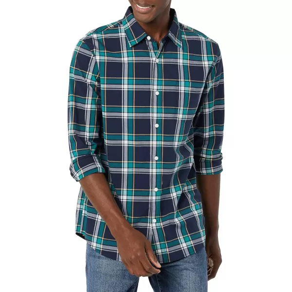 Amazon Essentials Mens LongSleeve SlimFit Stretch Poplin ShirtDark Green Navy Medium Plaid