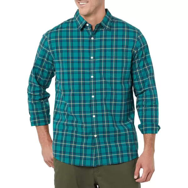 Amazon Essentials Mens LongSleeve SlimFit Stretch Poplin ShirtGreen Gold Checked