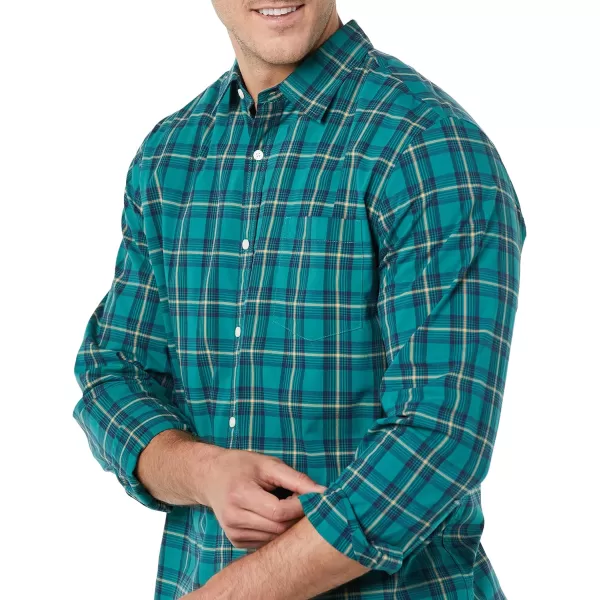 Amazon Essentials Mens LongSleeve SlimFit Stretch Poplin ShirtGreen Gold Checked