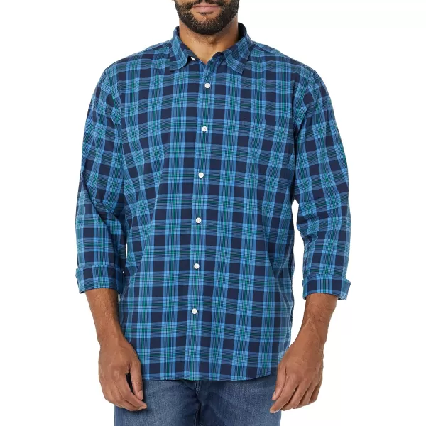 Amazon Essentials Mens LongSleeve SlimFit Stretch Poplin ShirtGreen Navy Plaid