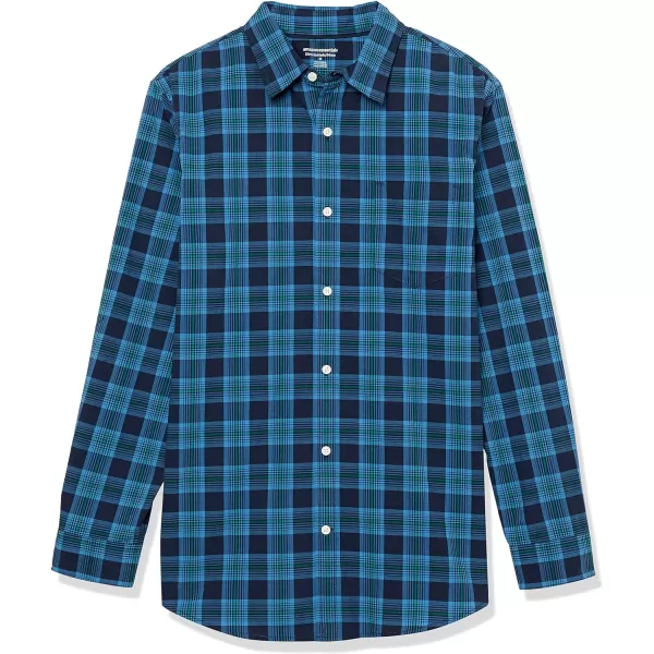 Amazon Essentials Mens LongSleeve SlimFit Stretch Poplin ShirtGreen Navy Plaid