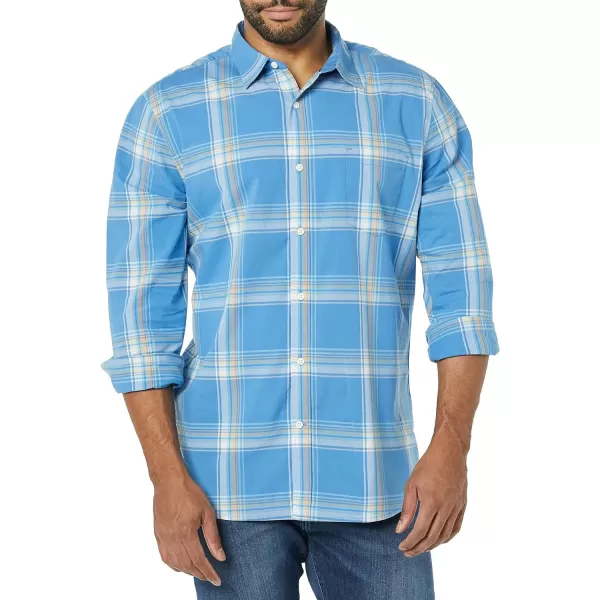 Amazon Essentials Mens LongSleeve SlimFit Stretch Poplin ShirtLight Blue Orange Plaid